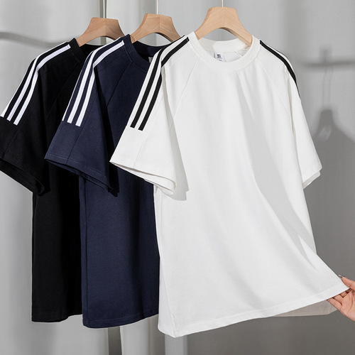 Men's Advertising Shirt T-Shirt Summer Versatile Pure Cotton Heavyweight Men's Top with Logo Three Stripes Half Sleeve Men's T-Shirt