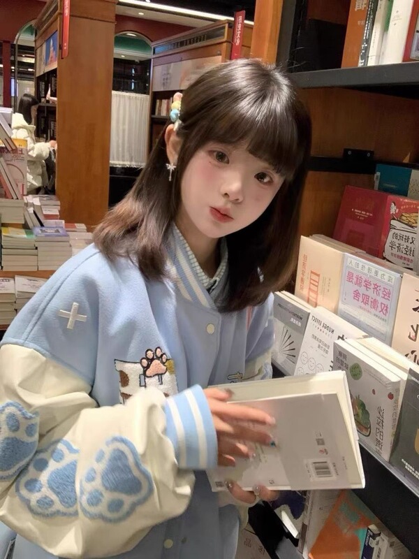 College Style Sweet Cat Claw Embroidered Baseball Jacket for Women 2025 Spring New Design Contrasting Color Jacket Top