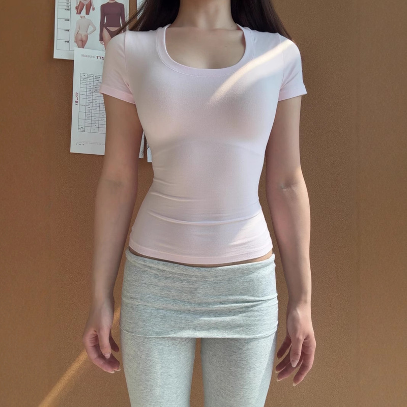 In-Stock American-Style Skin-Friendly Soft U-Neck Regular Shoulder Short-Sleeve Fitness T-Shirt, Slim-Fit Round Neck Hourglass Waist Top