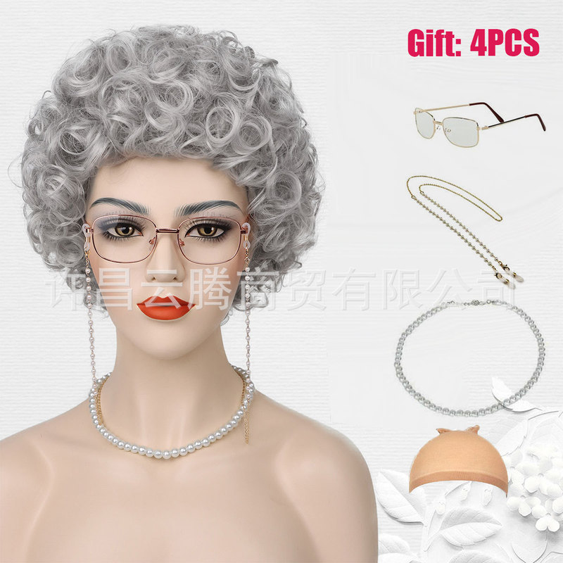 Amazon School 100 Days Helen Roper Orange Grandma Grey Short Curly Wig Old Lady wig