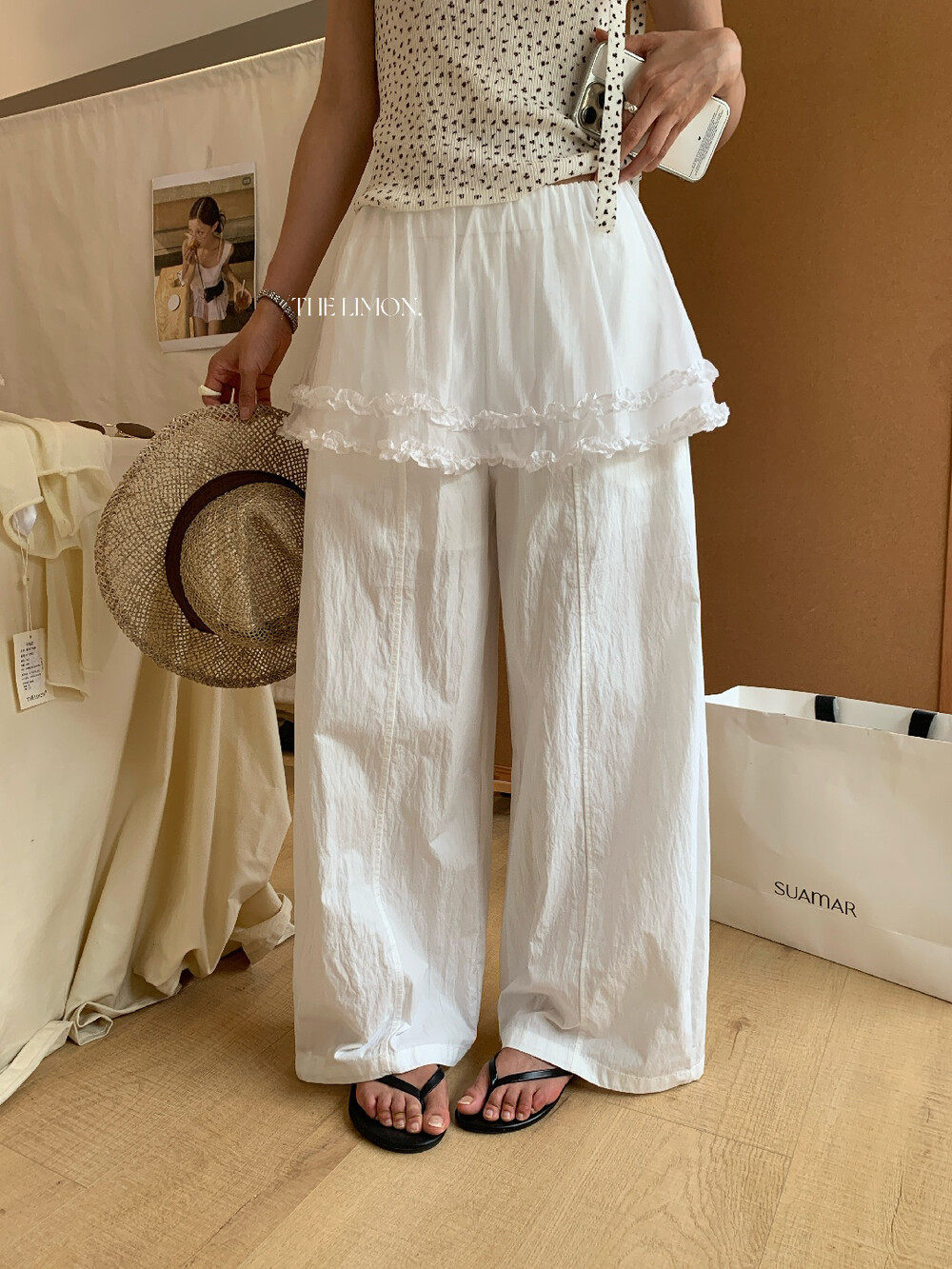 Quần culottes nữ ống rộng cạp cao phong cách Hàn Quốc, thiết kế giả hai lớp viền bèo nhún — màu trắng, màu xám, màu kaki chi tiết 5