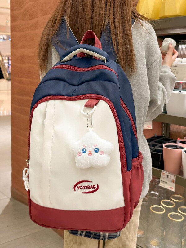 2025新款休闲学生双肩包撞色初中生书包女甜美大容量拼接旅行背包|undefined