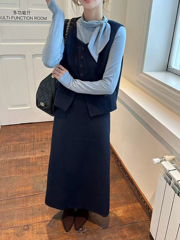 时尚休闲半身裙套装女2025年秋季新款马甲背心长袖针织衫三件套潮|undefined