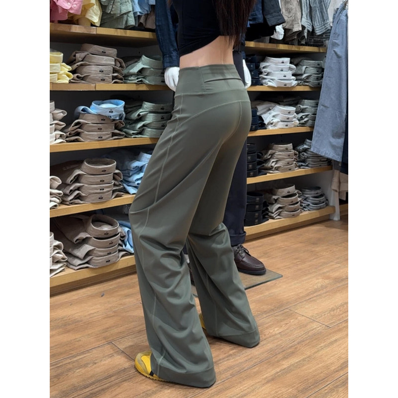 Army green quick-dry yoga pants for women, summer thin style with back pockets, high-waisted, slimming, wide-leg sports pants Army green quick-dry yoga pants for women, summer thin style with back pockets, high-waisted, slimming, wide-leg sports pants