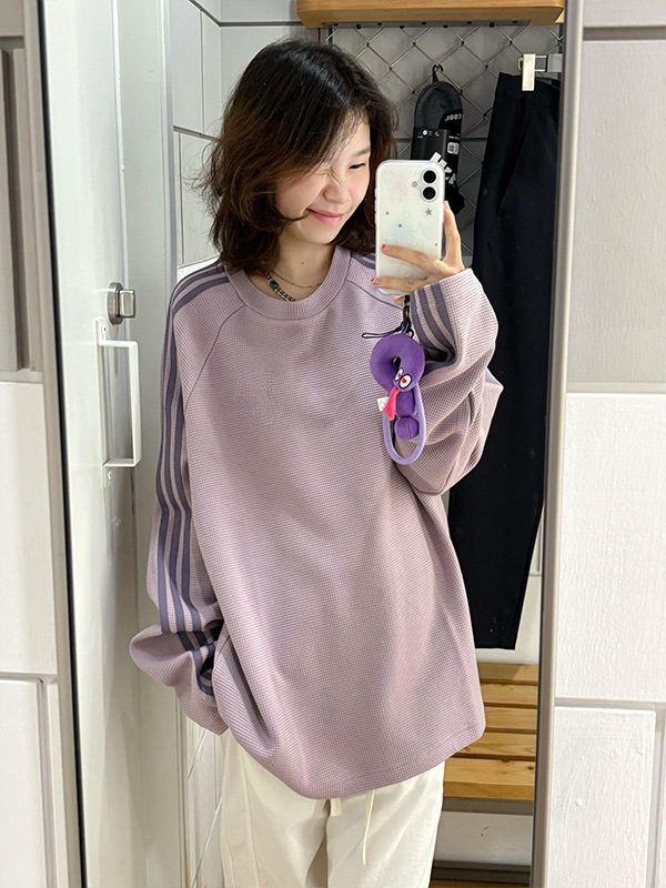 美式潮牌三条杠华夫格无帽卫衣女春秋oversize薄款外套慵懒上衣|undefined
