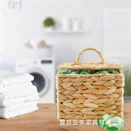 跨境草编收纳篮洗衣房带盖洗衣凝珠串色片收纳筐杂物筐咖啡容器盒