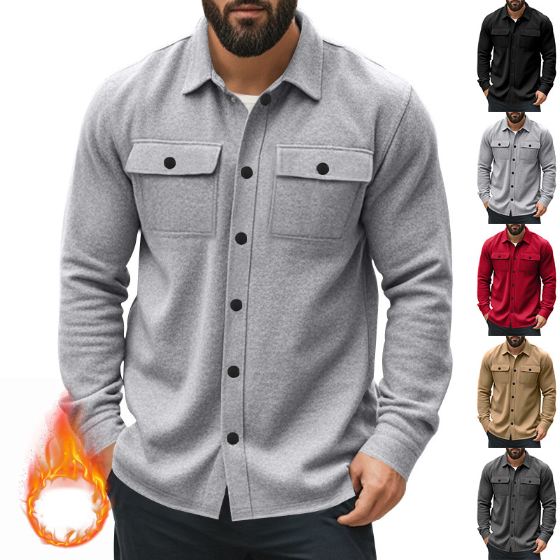 Amazon Cross-Border Casual Men's Clothing Heavyweight Fleece-Lined Lapel Multi-Pocket Single-Breasted Solid Color Casual Jacket for Men