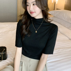 女装半高领中袖t恤女打底衫内搭新款春秋五分袖上衣