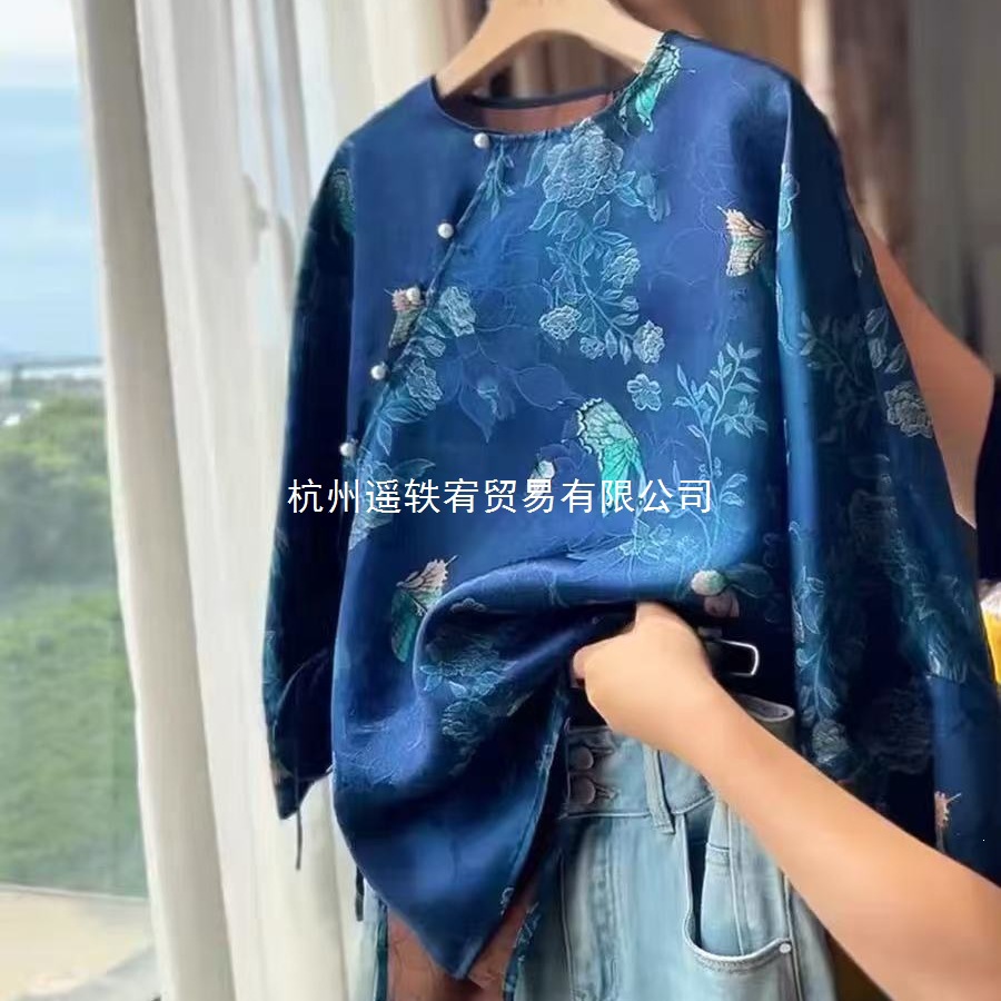 2026春秋新中式国风蓝色汉服香云纱衬衫女士洋气减龄唐装长袖上衣