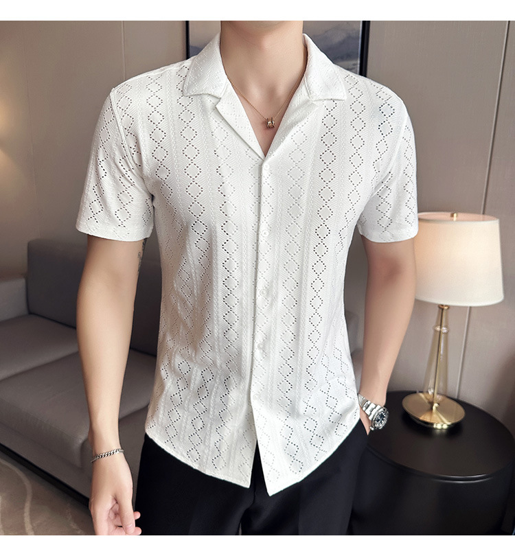 Description Picture 5 of item2023 Summert Cuban Collar Shirt for Men Short Sleeve Lace Cut Out Shirt Fashion Slim Social Party Tuxedo Blouse Men Clothing