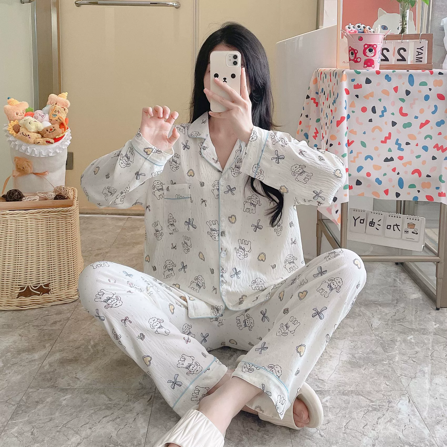 Autumn Cartoon Pajama Set — Long-Sleeve Top, Trousers & Cardigan, Sizes M–XXL, Multi-Color