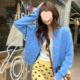 韩系复古波点蓝色针织开衫女春季慵懒风百搭显瘦上衣源头工厂波浪