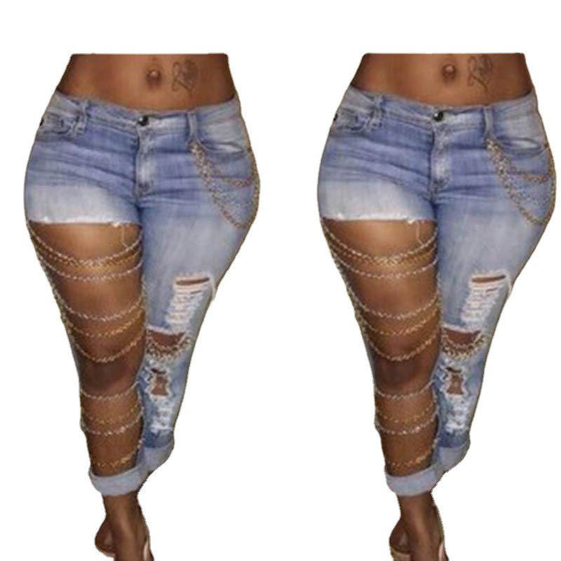 Factory supply AliExpress ebay Amazon Europe and the United States exaggerated big hole jeans women's leggings stretch