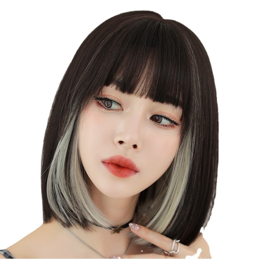 Peluca de pelo corto femenino red roja oreja colgante teñida cubierta de cabeza completa cabello de clavícula cara redonda flequillo recto cabeza ondulada hebilla interior cubierta de cabello superior completa