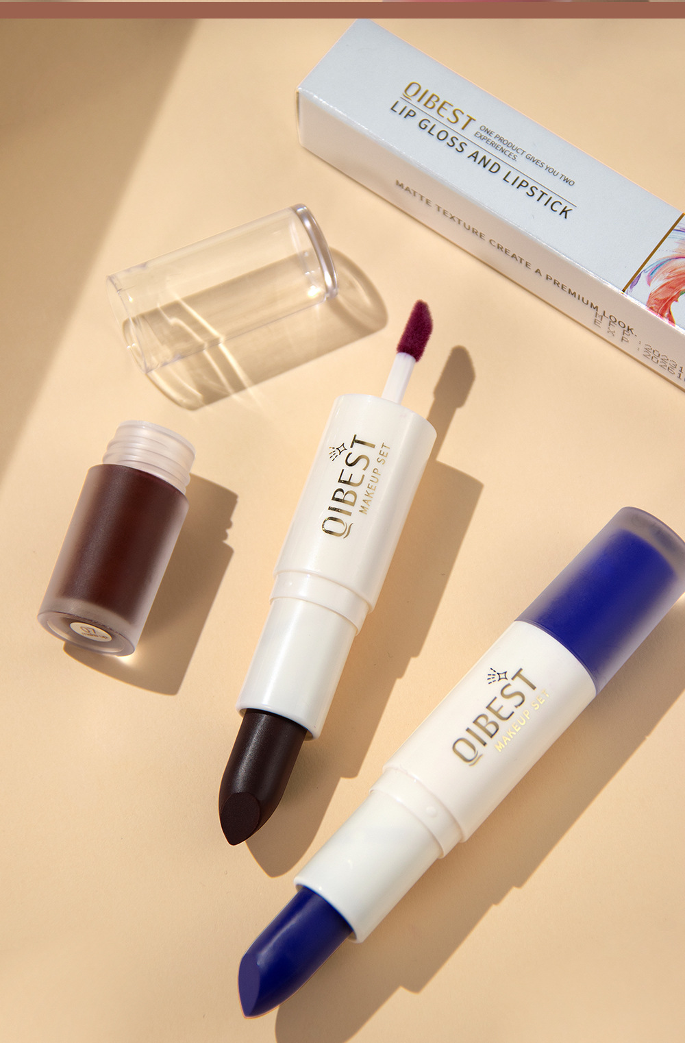 QIBEST double-headed velvet makes the lips look fair and red, does not fade easily, matte non-stick cup, long-lasting natural three-dimensional lip gloss, cross-border undefined