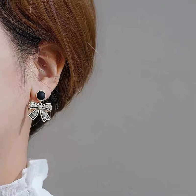 Черные серьги с бантом, серебряная игла, простой и элегантный дизайн, премиум-класс, французский стиль, образец серебро 925