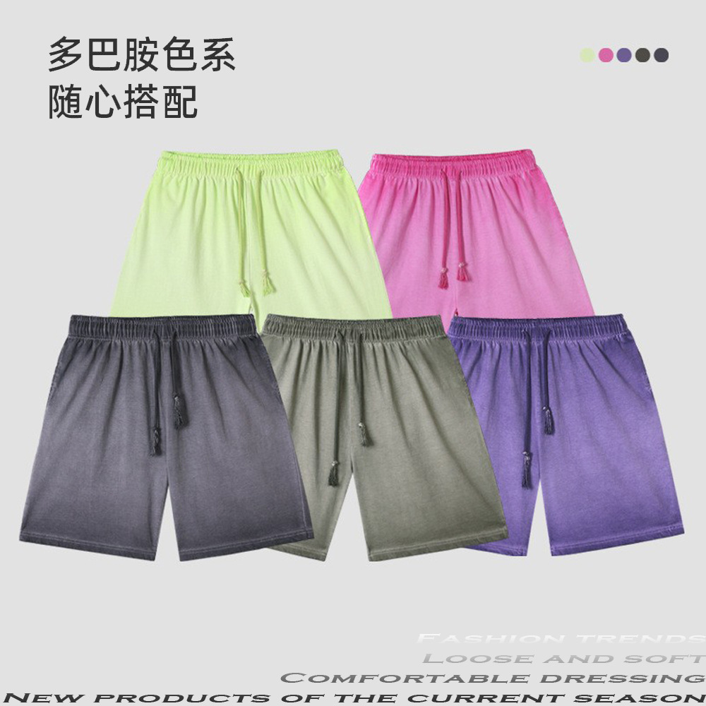 American-style street-washed, distressed men's and women's sport shorts, Instagram dirty stain, whitish retro drawstring couple's casual pants