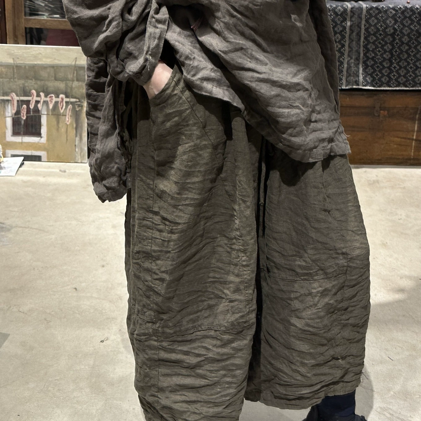 250301/Qingchang повседневные льняные брюки в стиле ретро с эластичной резинкой на талии и широкими штанинами, повседневные брюки