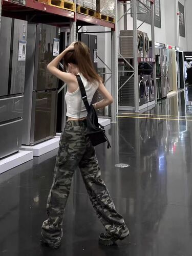 Autumn American Retro Camouflage Work Jeans for Women, Slimming High-Waisted Straight Leg Loose Wide Leg Pants Trendy