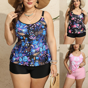 2024 new European and American Foreign trade plus size printed cross-border tankini swimsuit slimming belly covering two-piece split