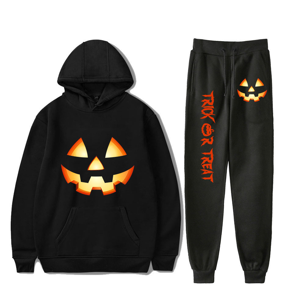 Women's Clothing creative pumpkin ghost face cartoon hooded sweatshirt leggings sports suit_voghion.com