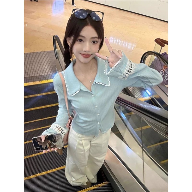 春秋大码韩系浅蓝色POLO领设计感针织衫女2025新款长袖修身上衣|undefined