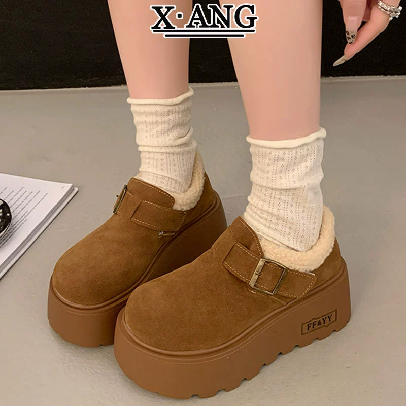 Женские сапоги из натуральной кожи с толстой подошвы, зимние 2024 новые пушистые туфли
