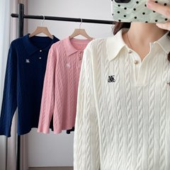 秋季大码女新款休闲刺绣翻领麻花针织衫200斤胖妹妹洋气上衣7899