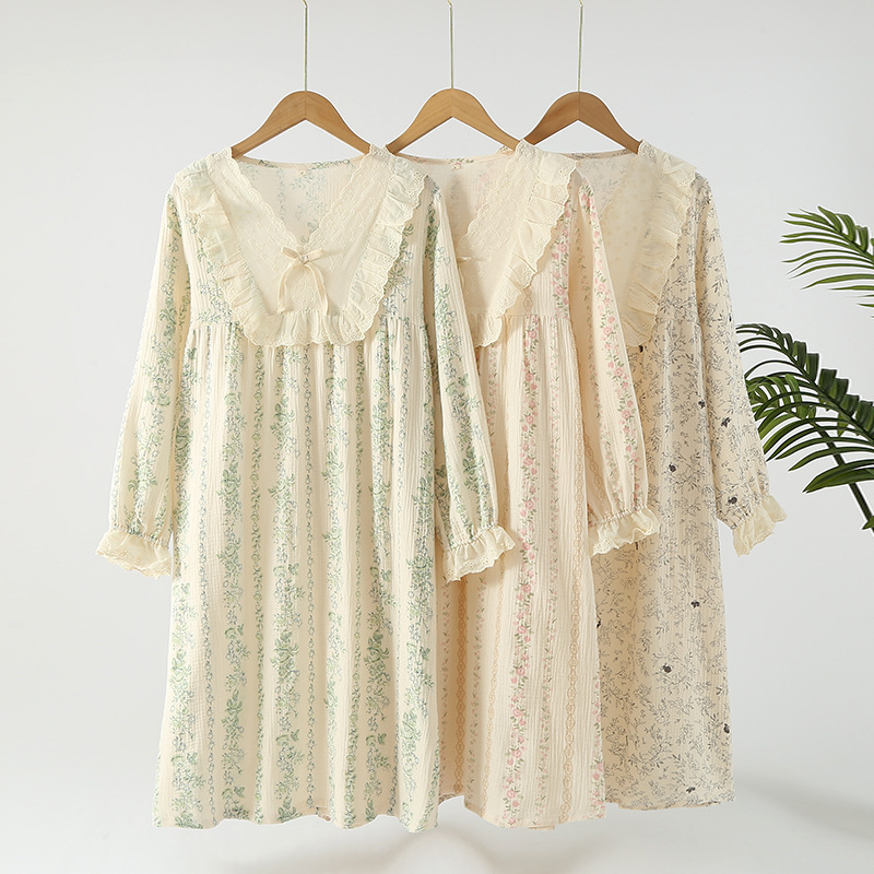Cotton Cotton yarn sweet autumn floral long-sleeved dress thin nightdress home dress slimming loose can be worn outside gentle