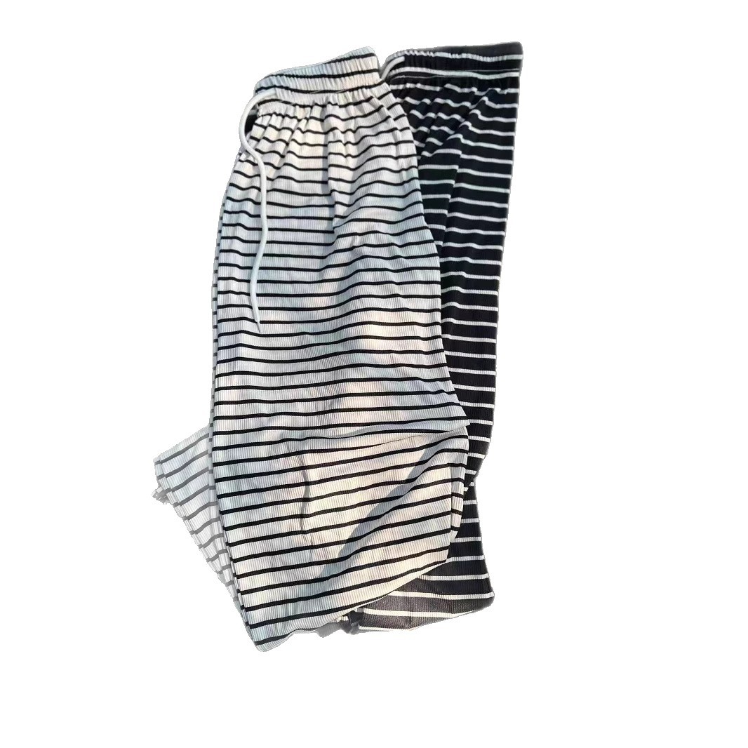 Pantalones anchos a rayas en blanco y negro para mujer, nuevos pantalones de caída de seda de hielo de todo fósforo de cintura alta, pantalones casuales de trapeador con cordón suelto delgado