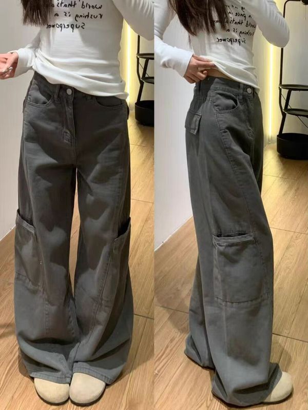 美式深灰色阔腿工装裤女春季新款大码胖mm宽松梨型身材拖地牛仔裤|undefined