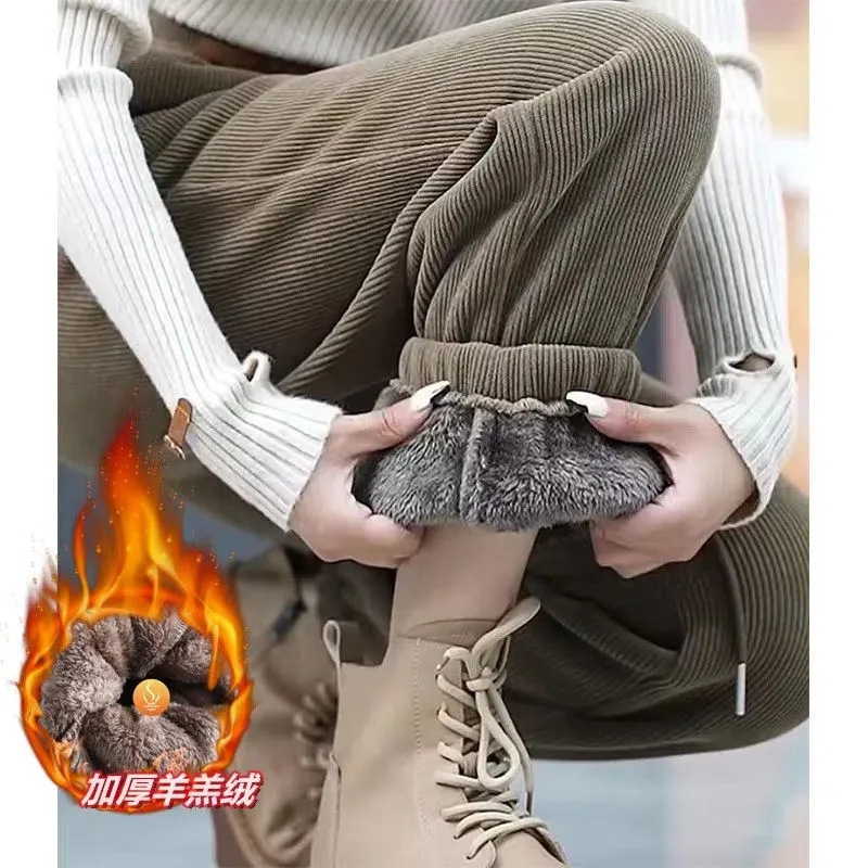 欧棉绒复合北极绒加厚加绒灯芯绒裤子冬季女装宽松显瘦束脚哈伦裤