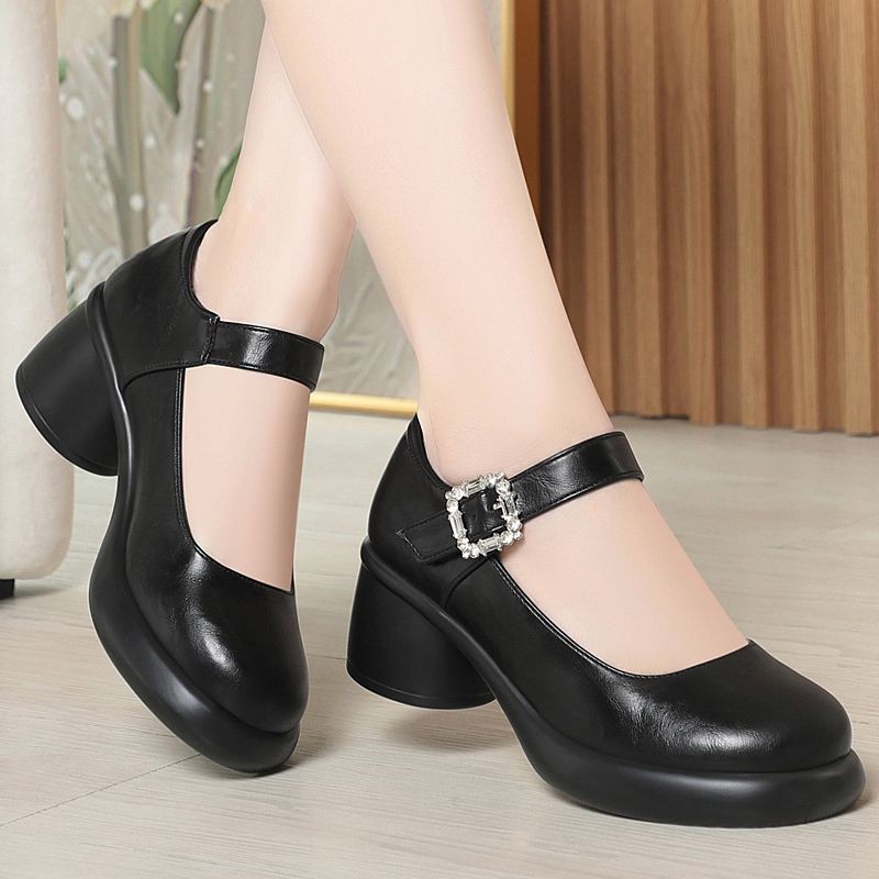 2026 zapatos de cuero retrógrados redondos con una hebilla, zapatos Mary Jane de talón grueso y suave, zapatos de moda para mujeres superficiales