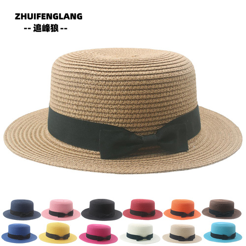 Summer Korean style straw hat, trendy female British fresh top hat, small pepper bow flat top sunshade beach hat
