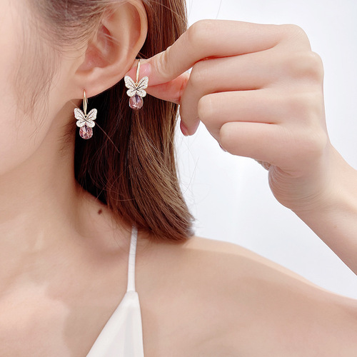  Spring and Summer New Korean Style Earrings Simple Micro-Inlaid Zircon Ear Hooks Blue Crystal Butterfly Earrings