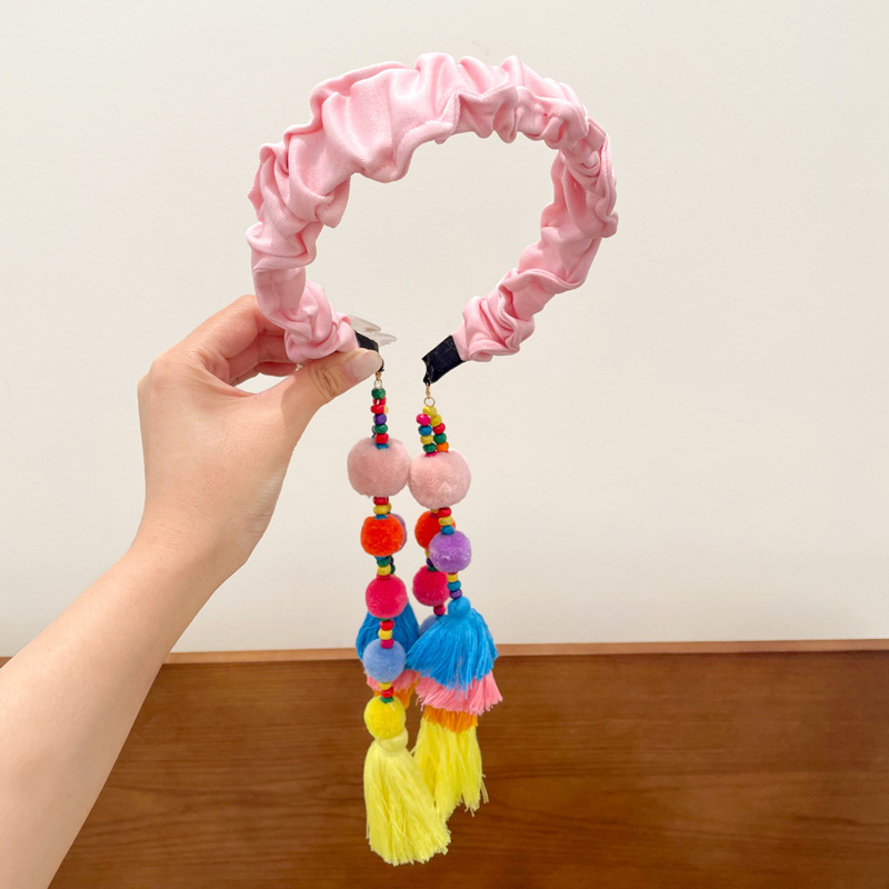 Pink pleated ball tassel headband