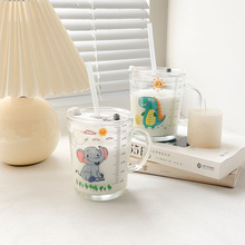 家用把手玻璃杯可爱卡通玻璃吸管杯儿童牛奶杯带刻度水杯耐高温