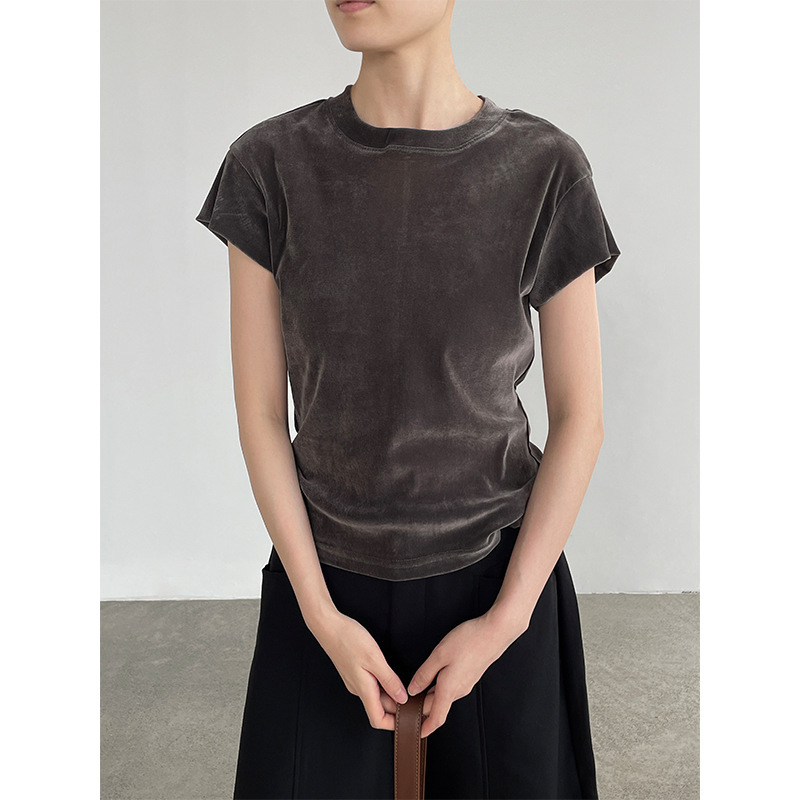 Taochuan 2026 Autumn New Velvet Versatile T-shirt for Women, Small Round Neck, Slimming Short Sleeve Top H66211