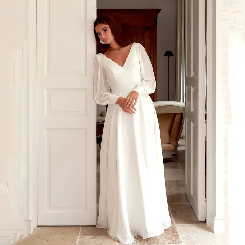Solid Color Long Sleeve Chiffon Wedding Dress Elegant V-Neck Open Back Bohemian Gown Simple Long Formal Party Dress Solid Color Long Sleeve Chiffon Wedding Dress Elegant V-Neck Open Back Bohemian Gown Simple Long Formal Party Dress