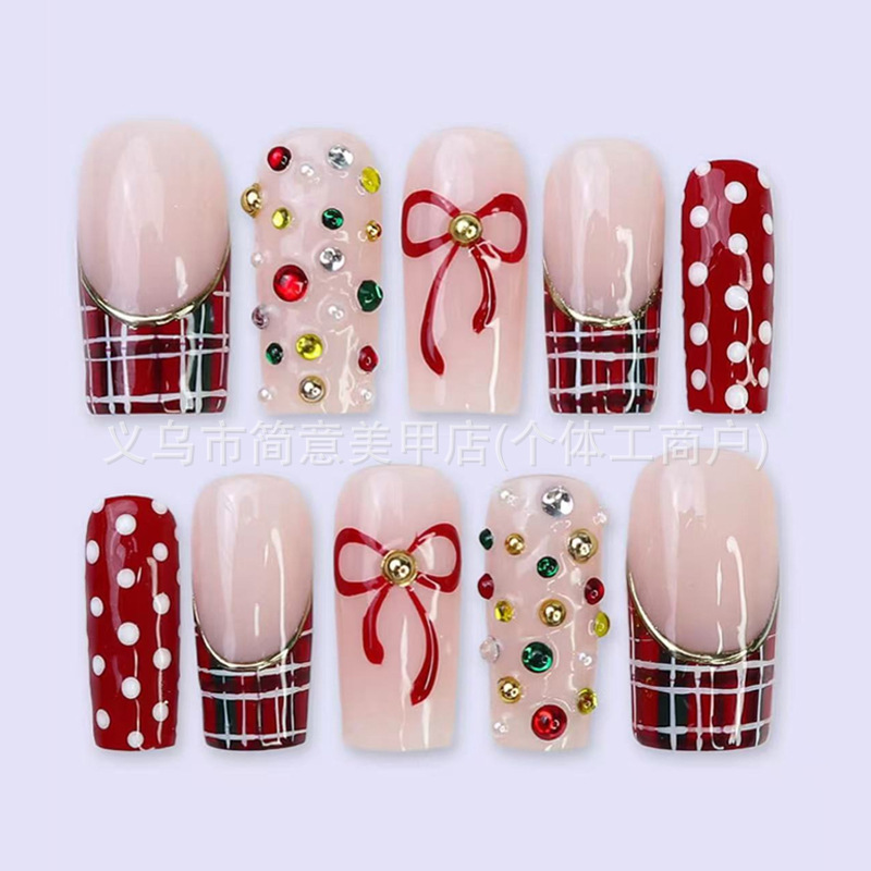 Cross-Border Handmade Wearable Nails for Autumn and Winter, Plaid Polka Dot Red Christmas Tube Nails, Hand-Painted Bow Nail Art Wholesale Cross-Border Handmade Wearable Nails for Autumn and Winter, Plaid Polka Dot Red Christmas Tube Nails, Hand-Painted Bow Nail Art Wholesale