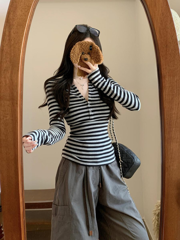 美式复古辣妹条纹亨利领长袖T恤女早秋内搭修身miu系打底衫bm上衣|undefined
