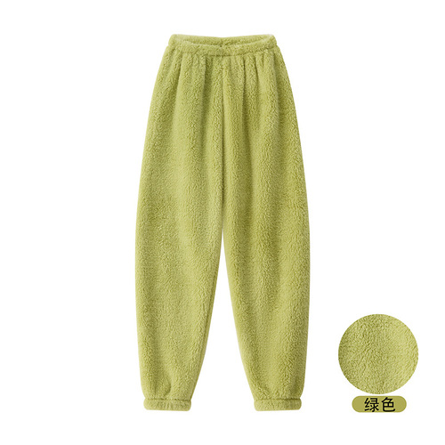 Cartoon pajama set home pants solid color sleep pants long fur comfortable cotton flannel warm drawstring autumn and winter thickening unisex long pants with additional padding