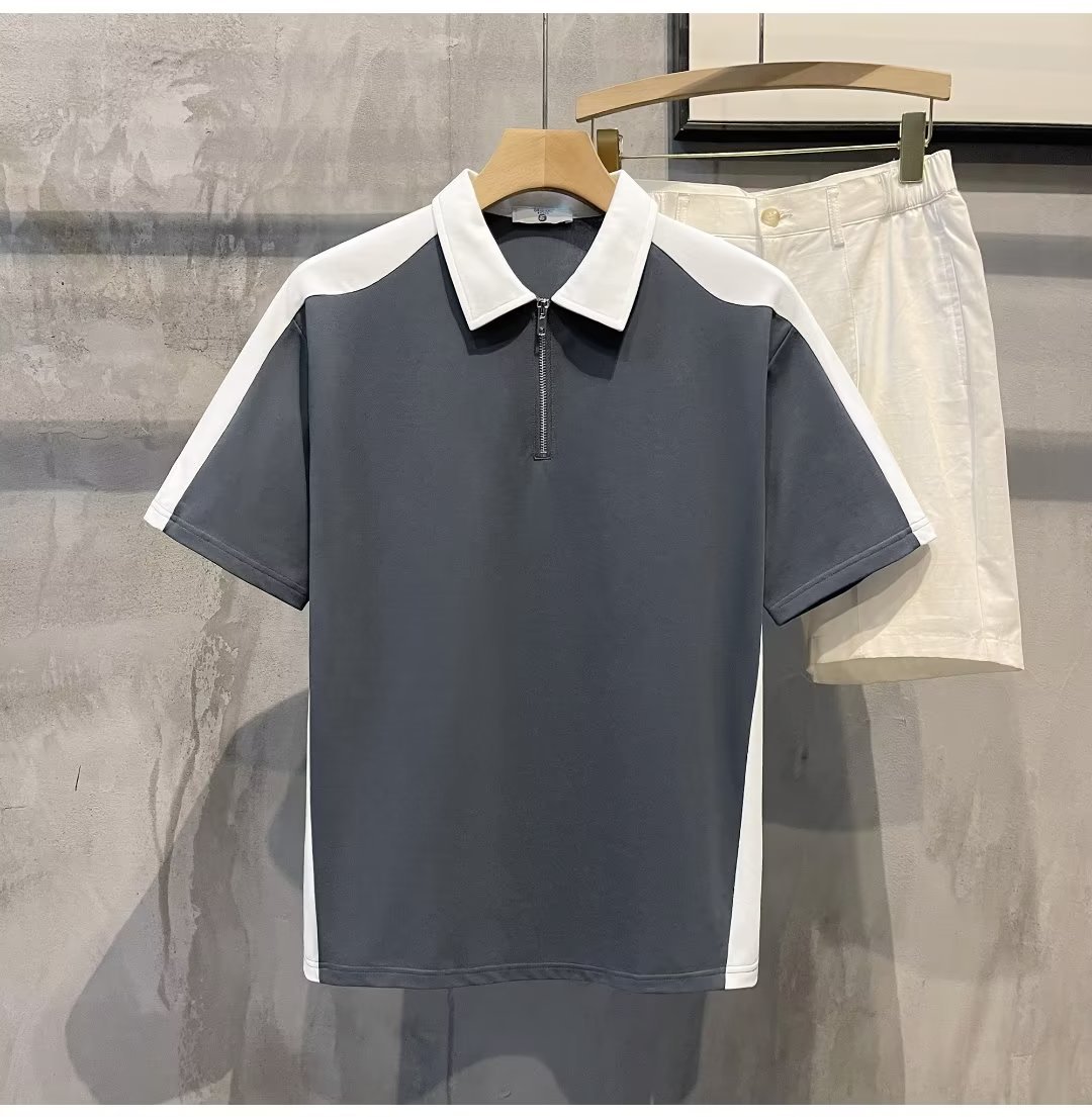 2023 nuevo color a juego suelta media cremallera manga corta superior de los hombres del verano casual estilo británico Polo Top ropa