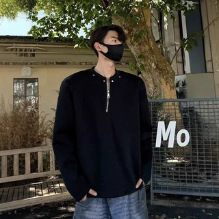 cleanfit黑色半拉链卫衣男春秋款高级感潮牌美式高街垫肩长袖t恤