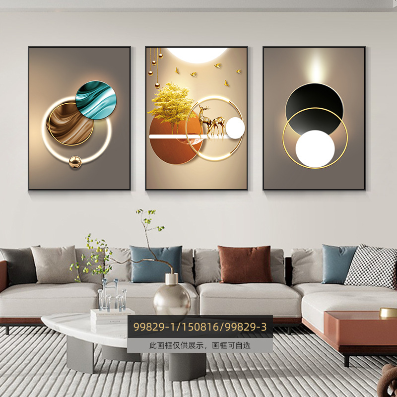 Pintura de decoración de la sala de estar moderna de lujo ligera Fukuyan atmósfera tripartita mural significa un buen fondo de sofá pintura colgante de pared
