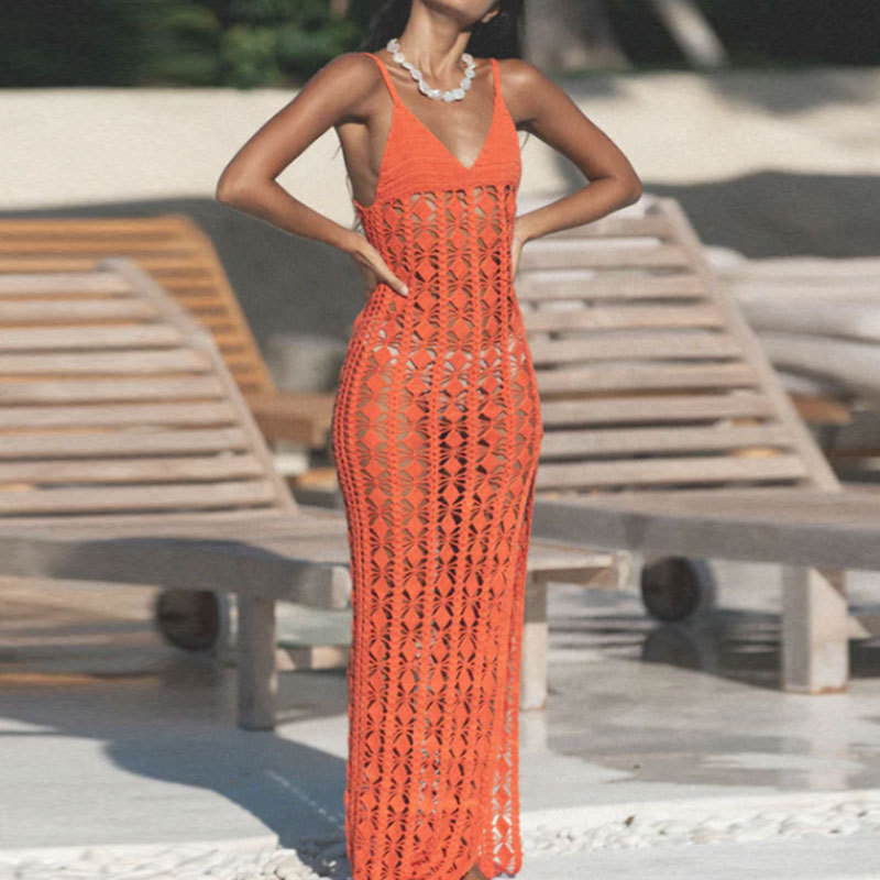 Sundress Dresses Type Imitation Cotton, Polyester Fabric Type Mid Waist Waist Line Women's Vacation Beach Solid Color Hollow Out 1 Piece Cover Ups