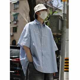 N8042*2023新款夏季日系刺绣男士竖条纹短袖衬衫