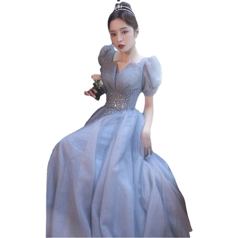 Vestido de noche azul para mujer, nuevo modelo 2026, diseño de calidad para banquetes, actuaciones vocales, exámenes, presentaciones y reuniones anuales, con cuello en V profundo.