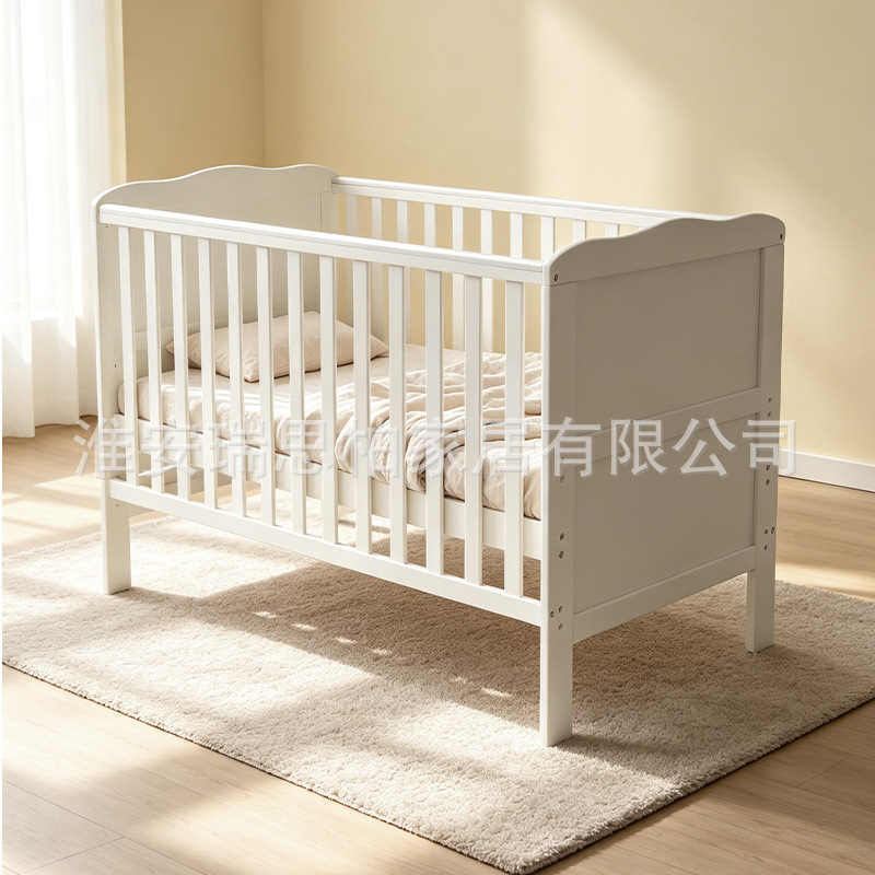 Newborn baby splicing crib with adjustable height, solid wood baby bed, simple design with full guardrails, in stock from cross-border factory