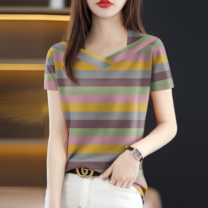Wholesale 2025 New Summer Popular Women's T-Shirt Slimming Belly-Covering V-Neck Fashionable Short-Sleeved One-Piece Drop Shipping